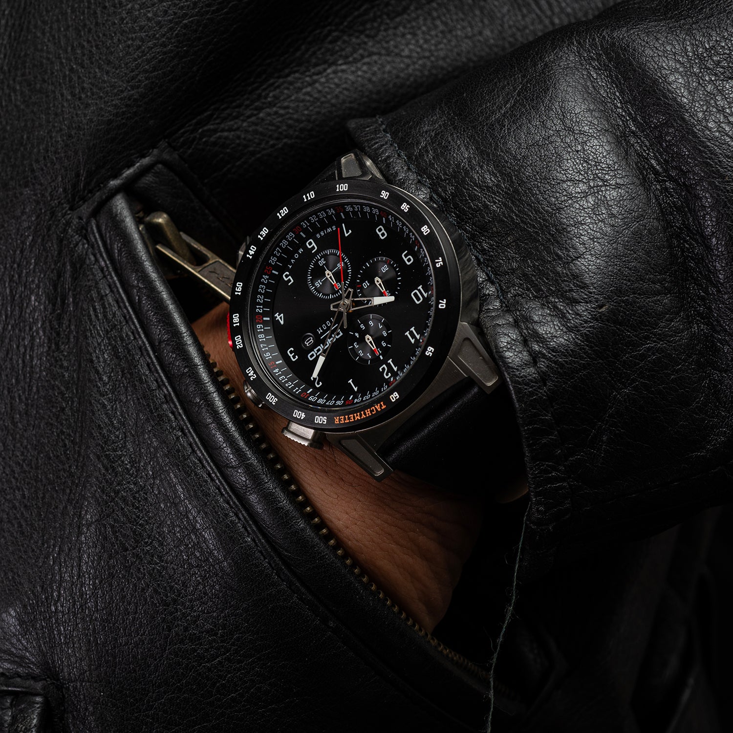 CR-01 - CHRONO WATCH WITH ITALIAN LEATHER STRAP - JET BLACK DangoProducts